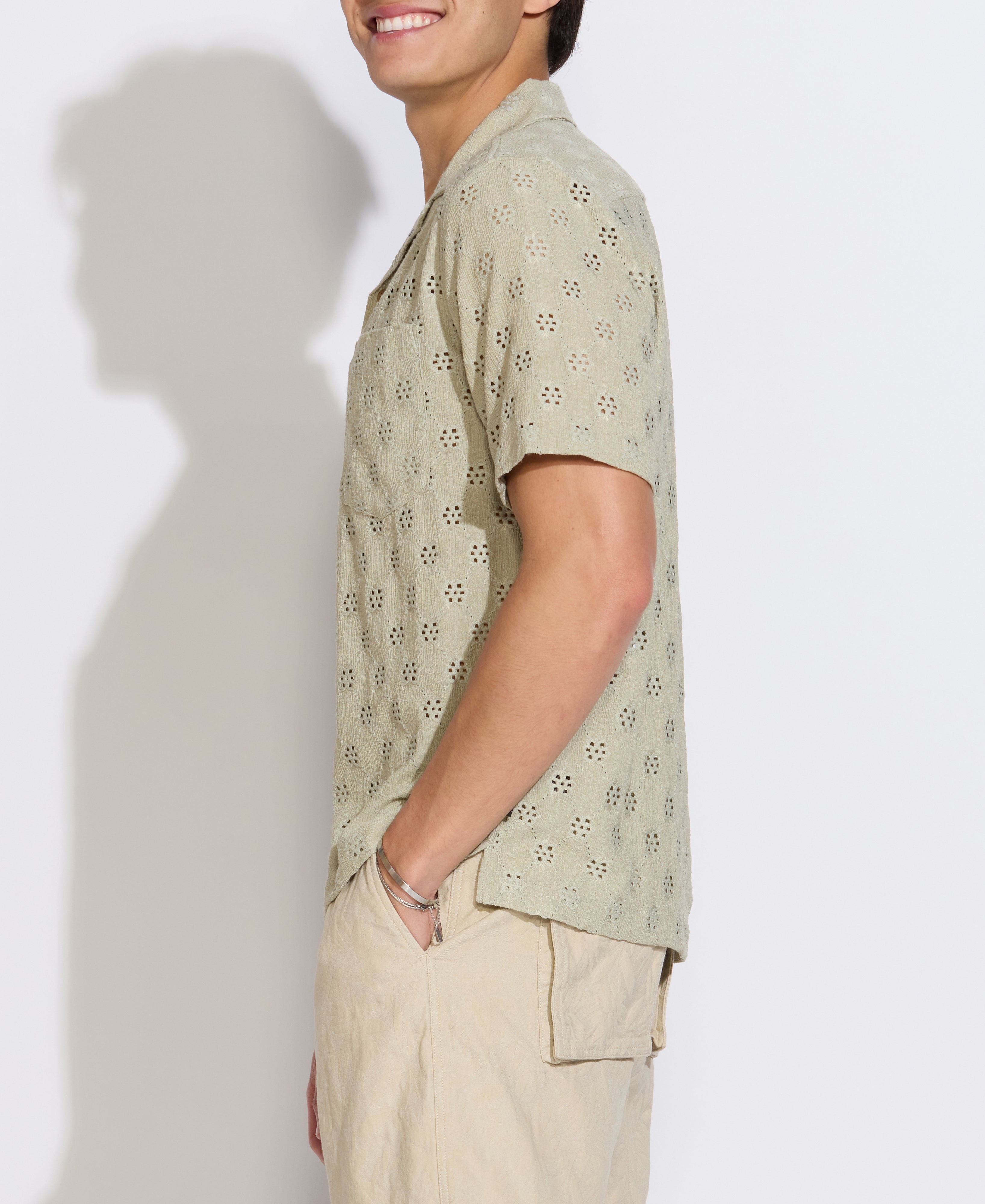 WAKE | relaxed fit eyelet knit resort shirt | light olive