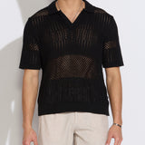RAPA | boxy fit johnny collar crochet sweater polo | black