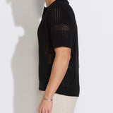 RAPA | boxy fit johnny collar crochet sweater polo | black