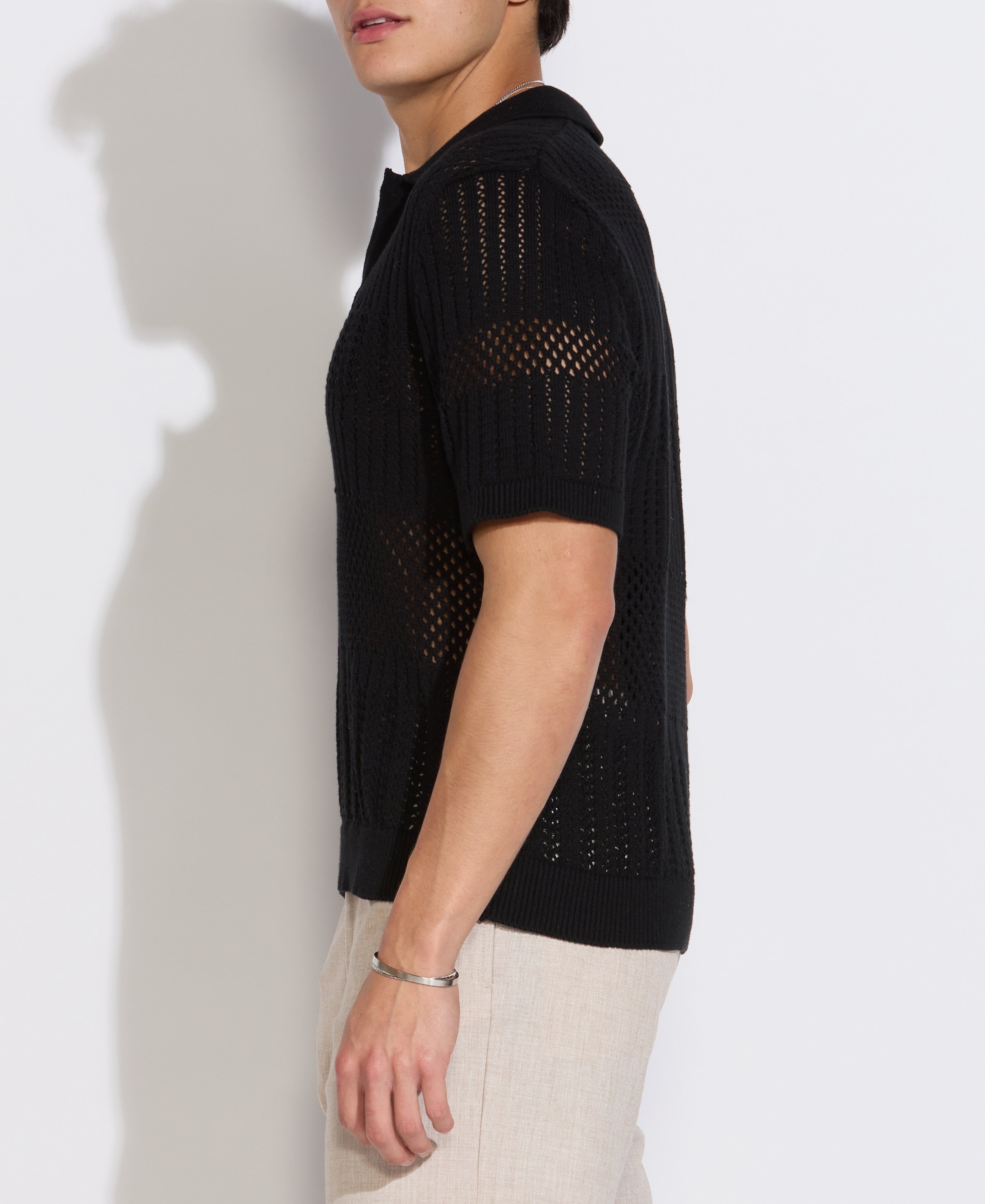 RAPA | boxy fit johnny collar crochet sweater polo | black
