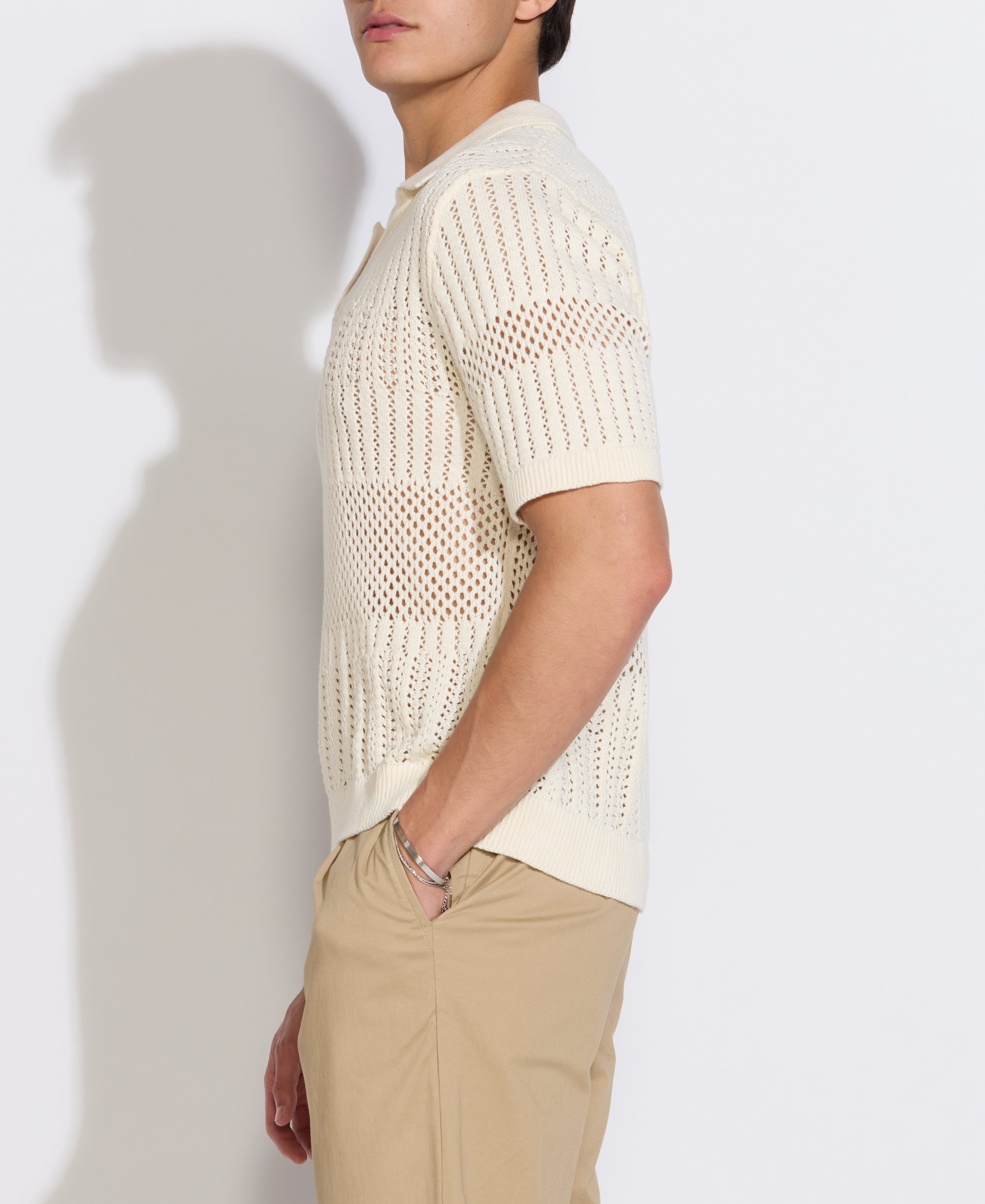 RAPA | boxy fit johnny collar crochet sweater polo | cream