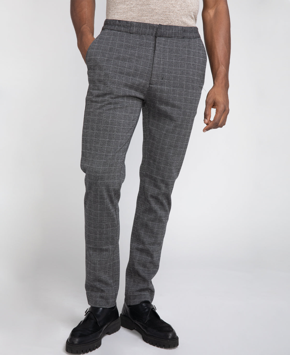 BROOKLYN | slim fit glen plaid knit pant | charcoal/gray
